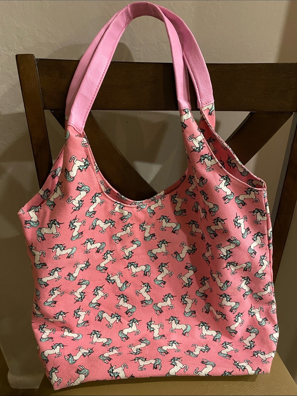 Pink Unicorn Print Tote Bag with Top Handles